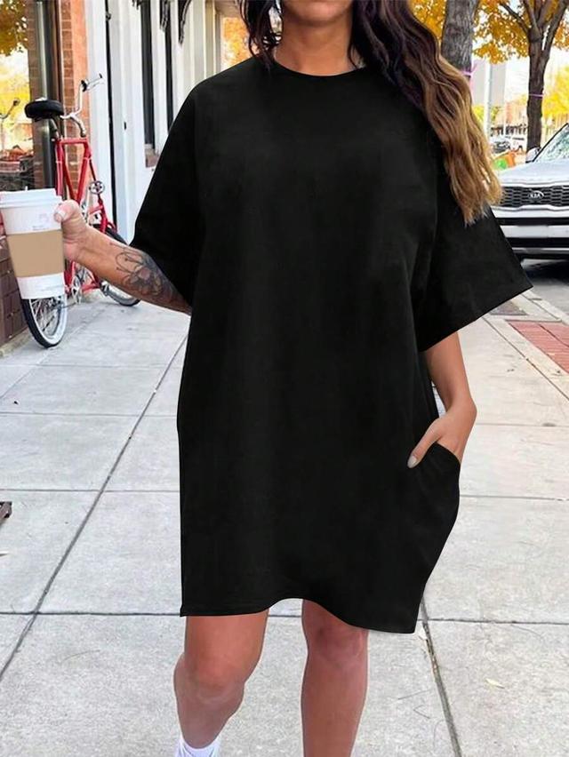 solid black casual cotton t-shirt dress with pockets