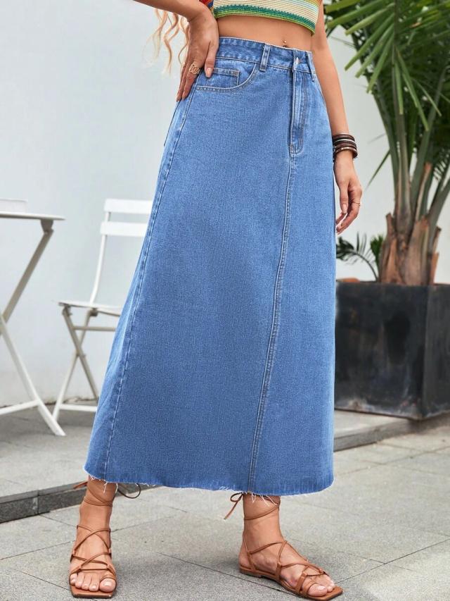 washed denim maxi skirt with raw hem
