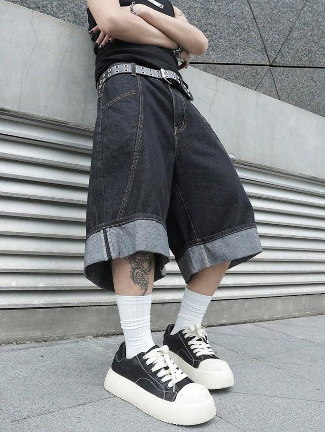black denim cuffed relaxed fit shorts