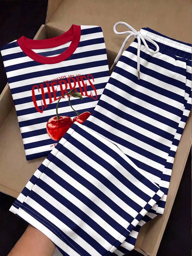 casual striped cherry print two-piece set