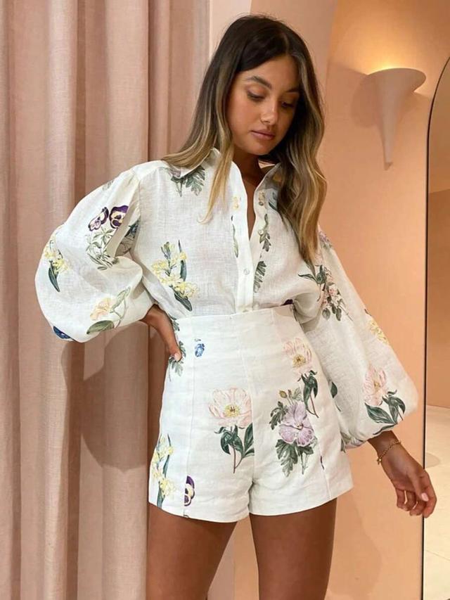 light blue floral print linen lantern sleeve shirt and shorts