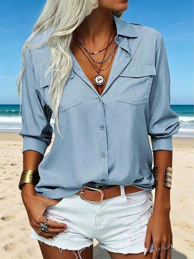 light blue chambray button-up shirt