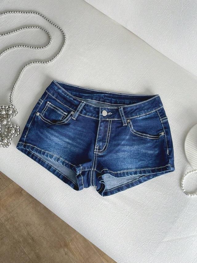 ultra low waist contrast stitch denim mini shorts