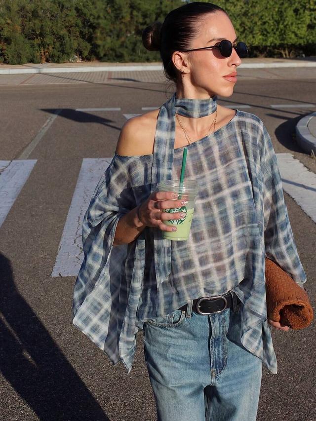 blue plaid plaid sheer batwing poncho with neck scarf