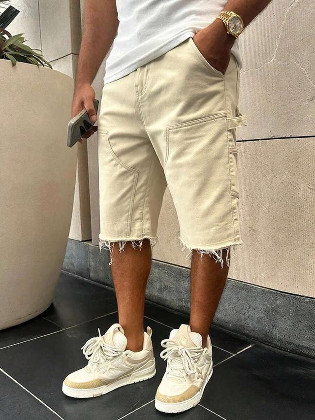 men's casual beige patchwork denim cargo shorts