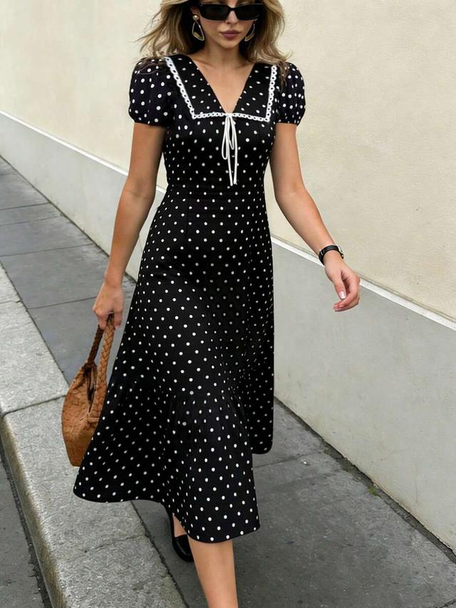 polka dot a-line dress with bow collar