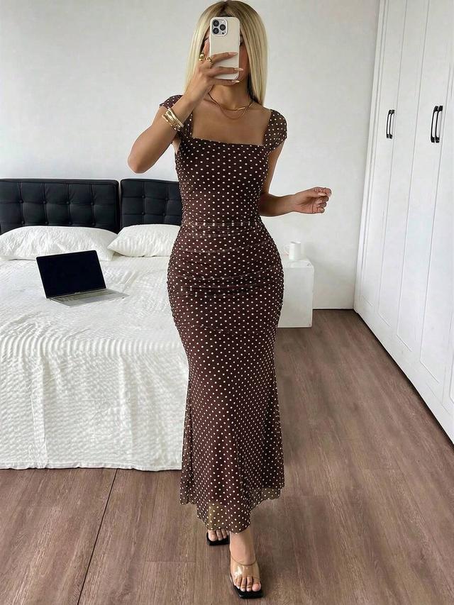 brown polka dot knitted square neck mermaid dress