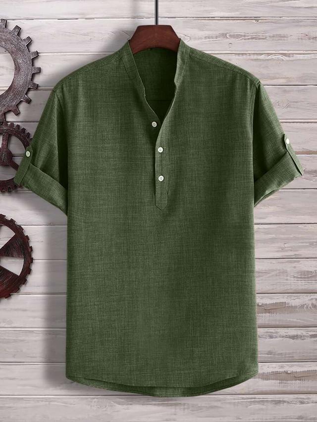 olive green linen blend half button shirt