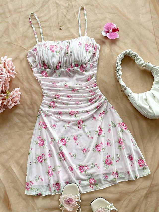 soleia white and pink ditsy floral ruched mini dress