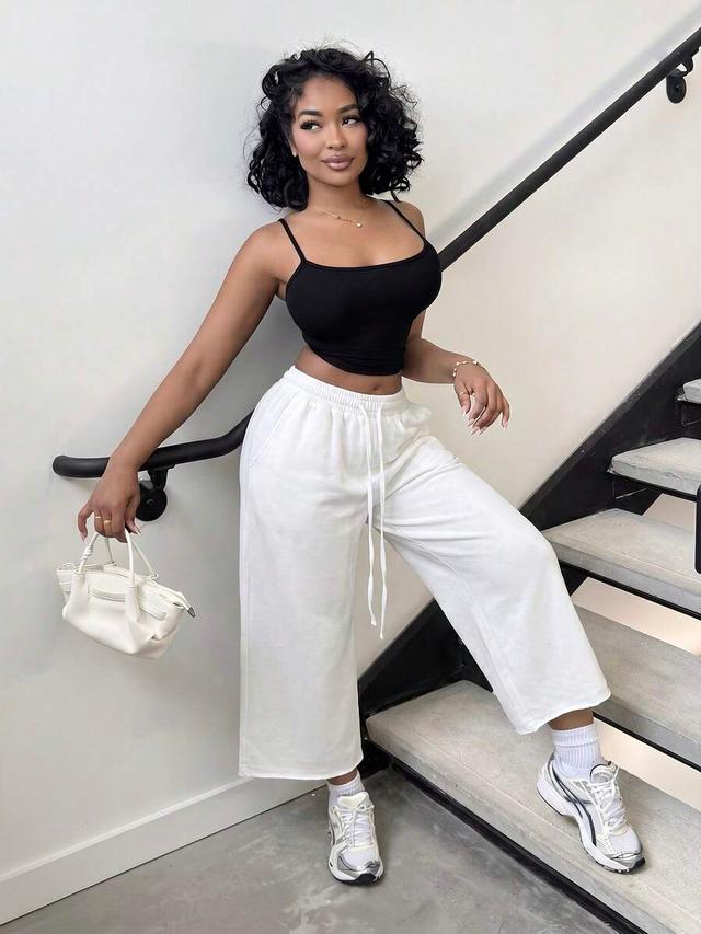 white cotton drawstring wide leg casual shorts