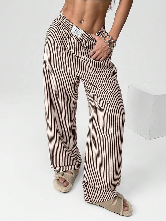 brown striped woven casual wide leg pants