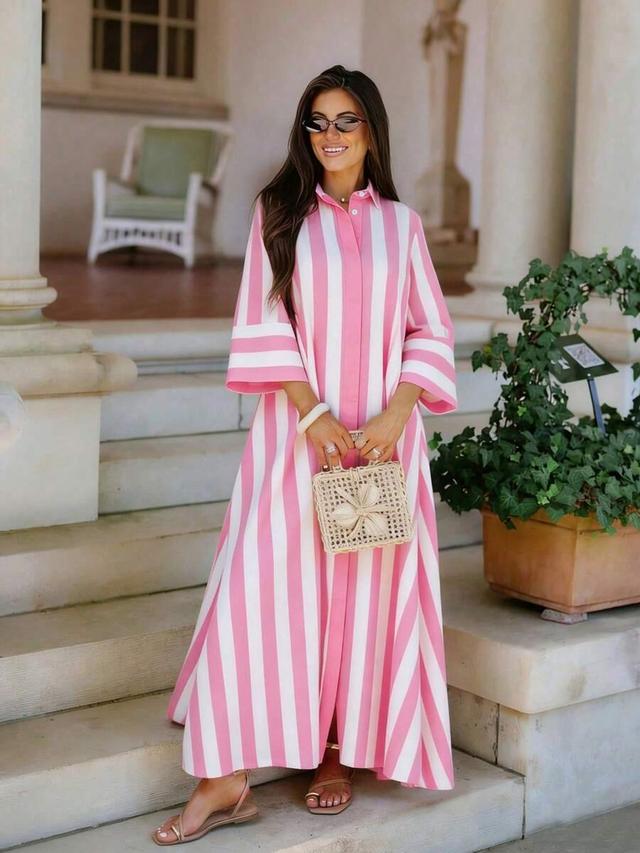 women's long pink striped cotton shirt dress
