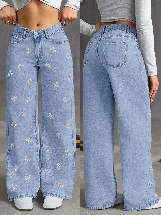 vintage washed blue floral embroidered loose wide leg jeans