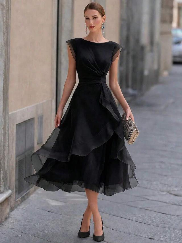 black layered organza midi dress with draped waist
