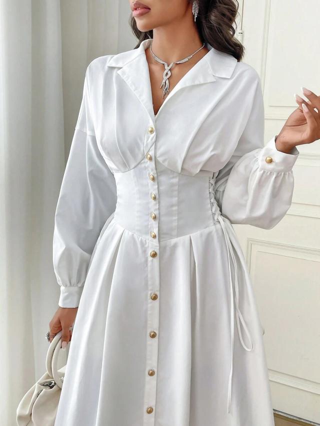 white long sleeve button front corset style dress