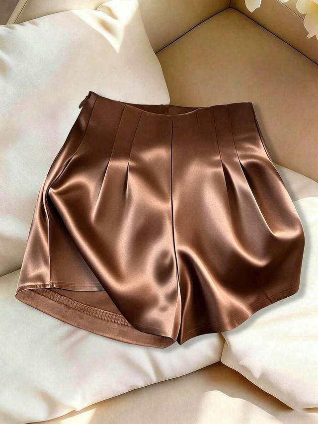 brown satin pleated elegant fashion shorts