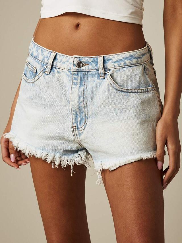 acid wash raw hem denim mini shorts