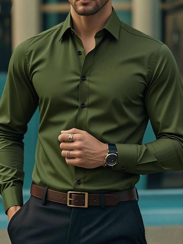 men's solid olive green long sleeve business shirt