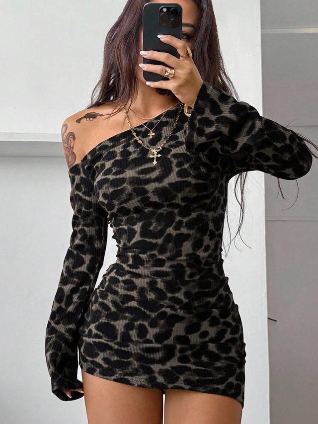 leopard print rib knit asymmetrical neck mini dress