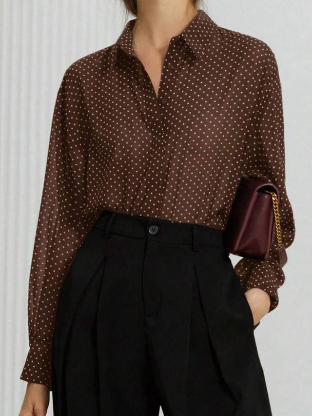 minimalist brown polka dot sheer chiffon long sleeve blouse