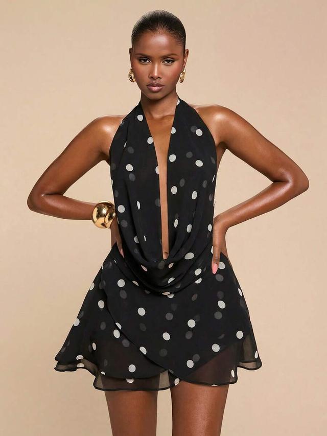 polka dot chiffon draped neck backless mini dress