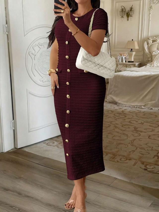 burgundy tweed midi bodycon dress with gold buttons