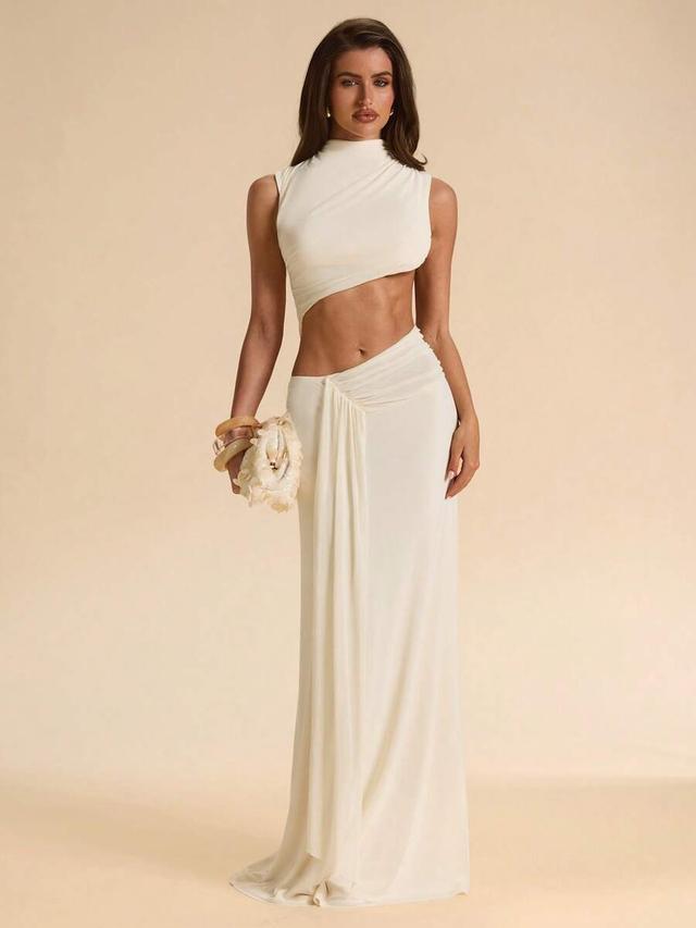 asymmetric backless sleeveless cream mesh knit maxi dress