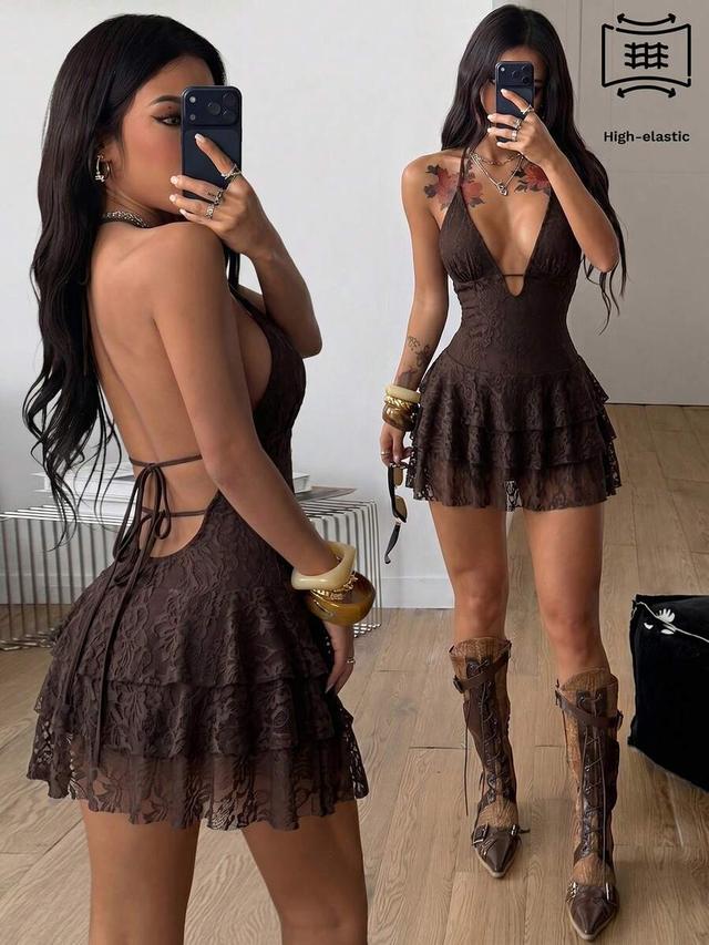 brown lace tiered backless mini dress