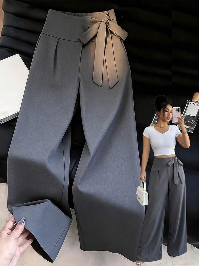 grey high-waisted wide-leg trousers with tie-waist