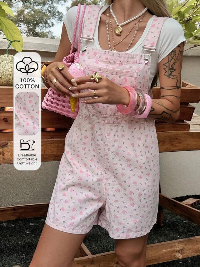 pink floral casual cotton denim short overalls