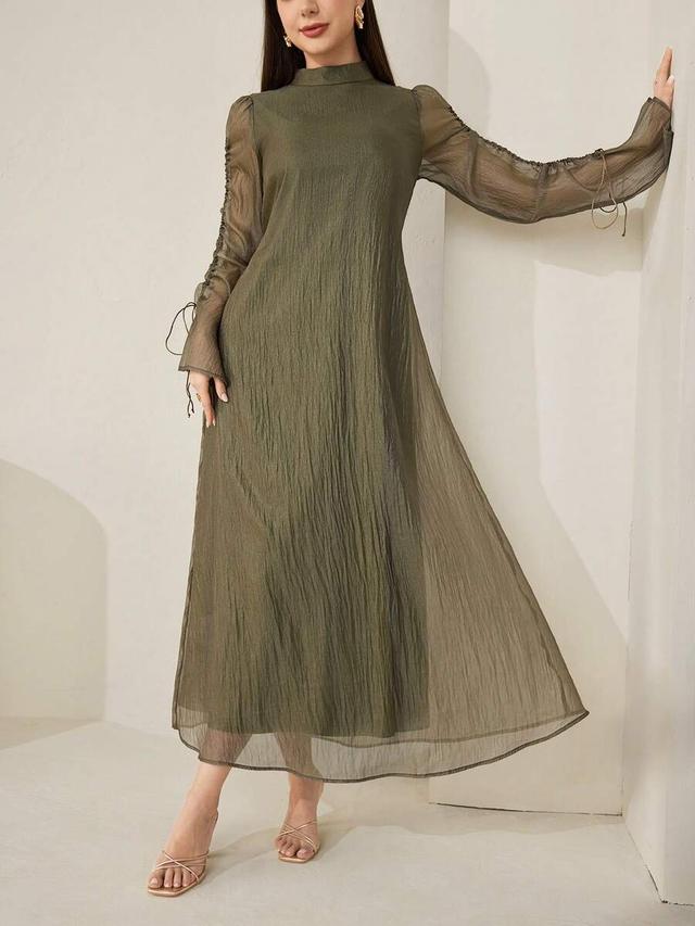 veilorie solid color stand collar long dress army green