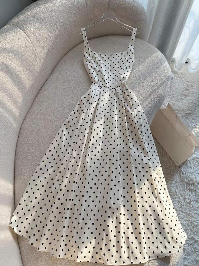 vintage french style polka dot spaghetti strap maxi dress