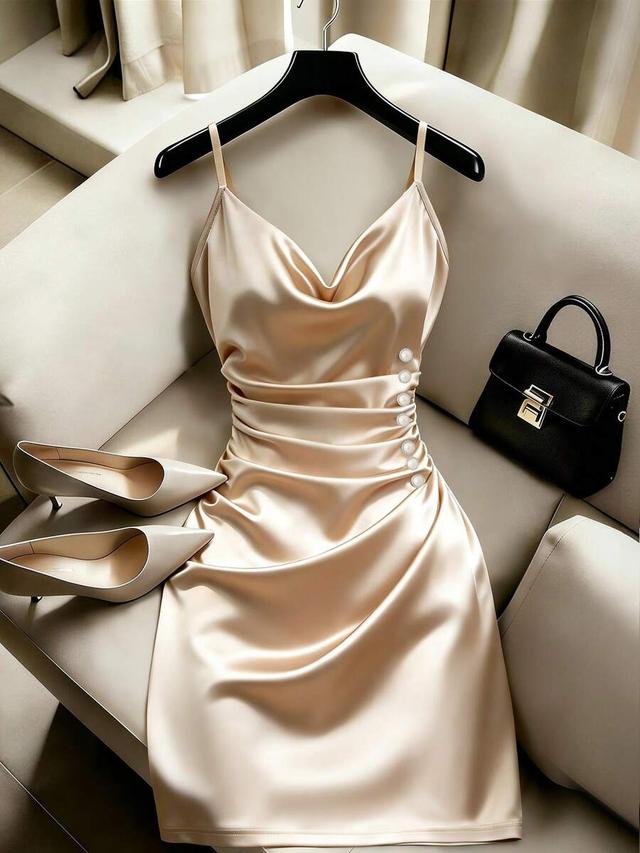 spaghetti strap satin bodycon dress with side ruching