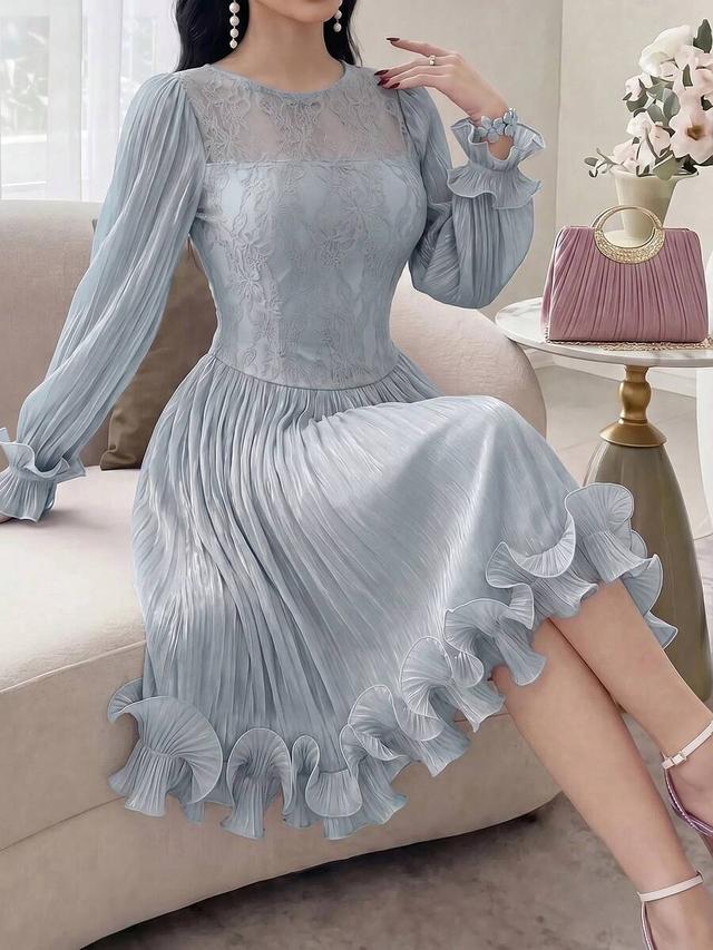 feyla light blue lace patchwork ruffle party dress