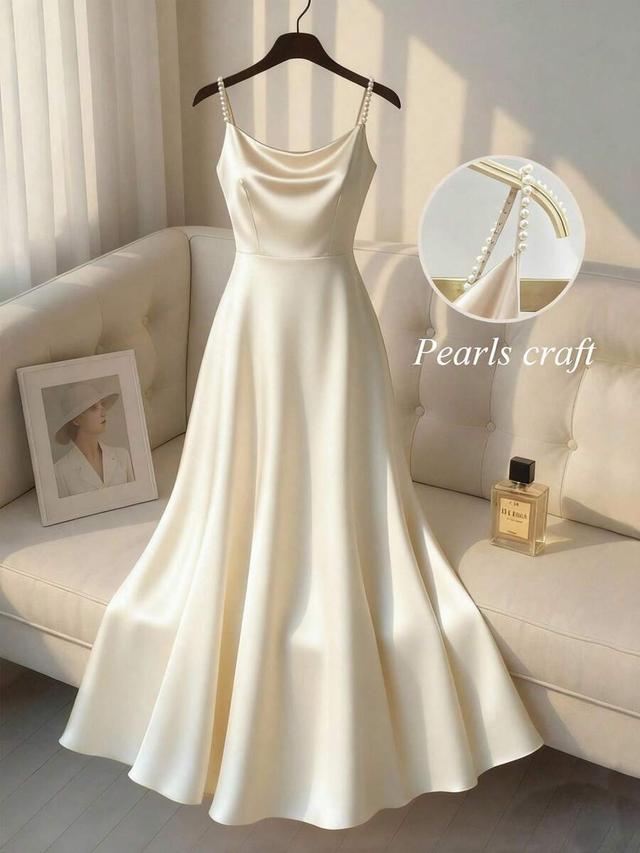 elegant satin sheen pearl strap a-line slip dress