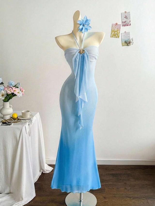 light blue ombre knitted mesh halter fishtail dress