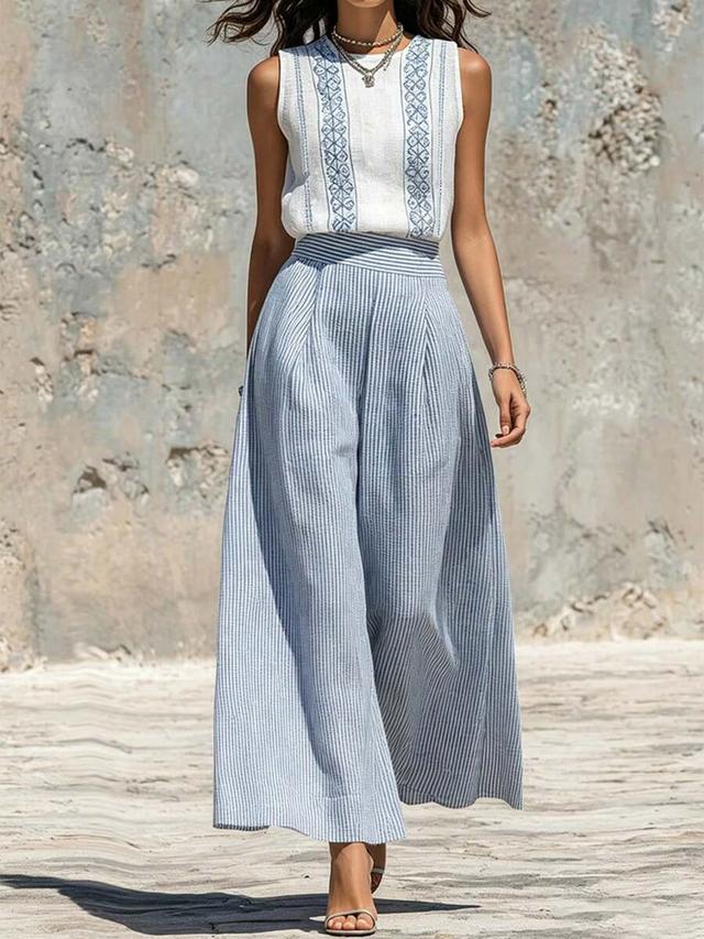 striped wide leg linen blend trousers