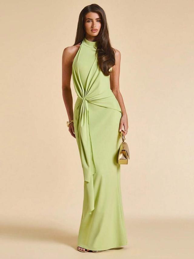 lime green high neck draped knot midi dress