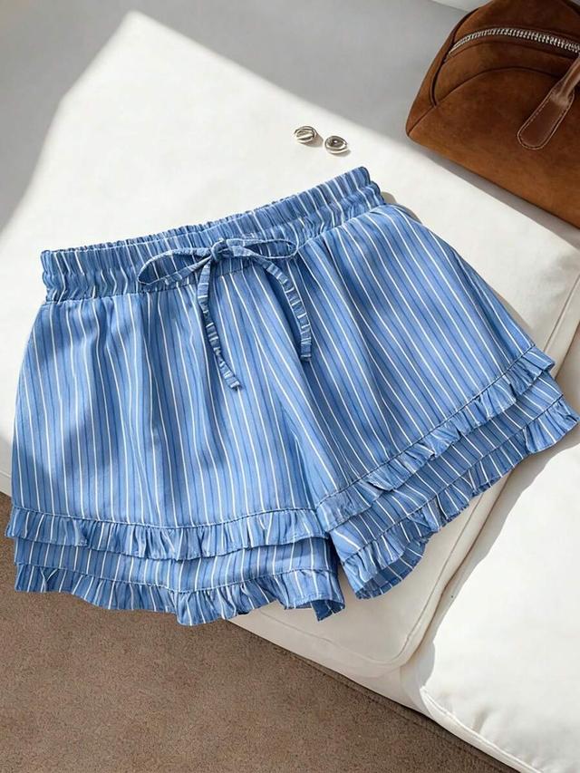 blue stripe and white striped ruffle hem casual shorts