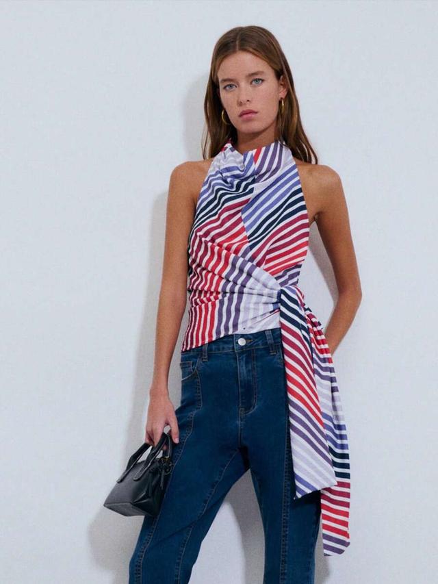 striped halter cowl neck top