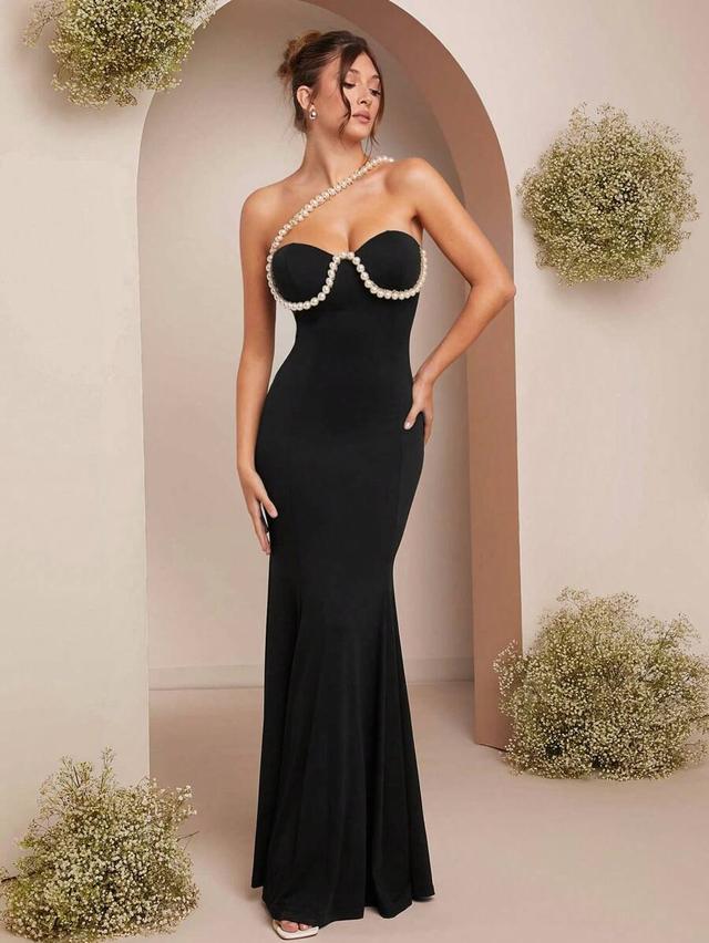 faux pearl embellished black bustier mermaid dress