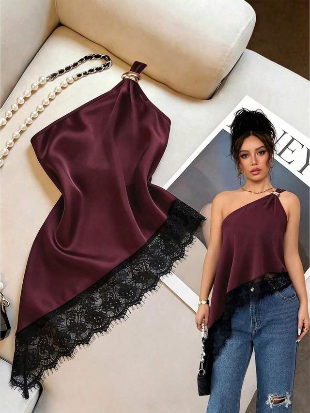 burgundy one shoulder asymmetric blouse with lace trim