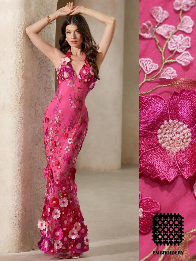 pink floral embroidered mesh fishtail maxi dress