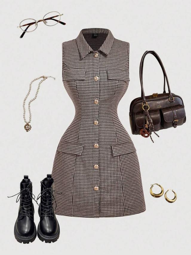houndstooth print sleeveless button up blazer dress