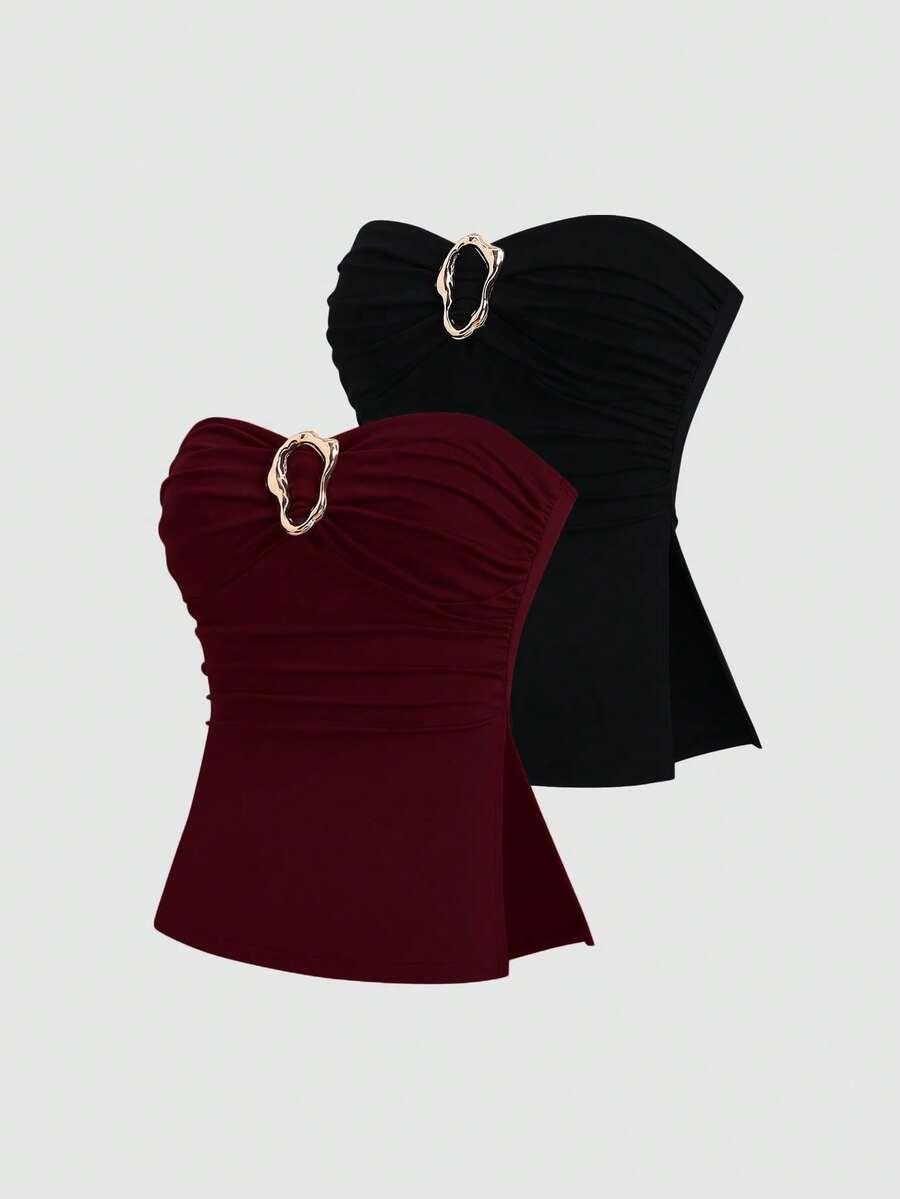 black two bandeau crop top in burgundy and black