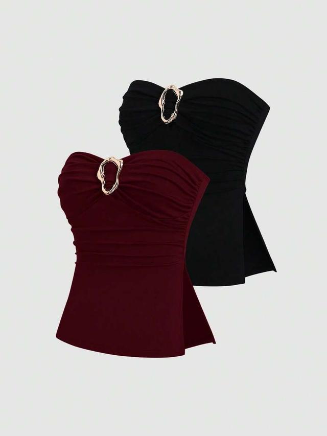 black two bandeau crop top in burgundy and black