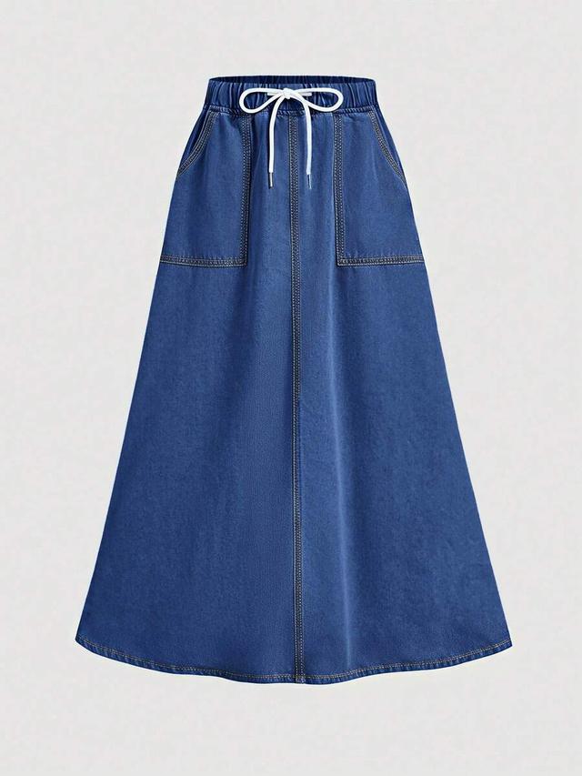 denim a-line drawstring waist midi skirt