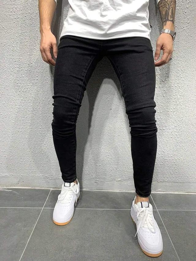 men's simple solid black skinny stretch jeans