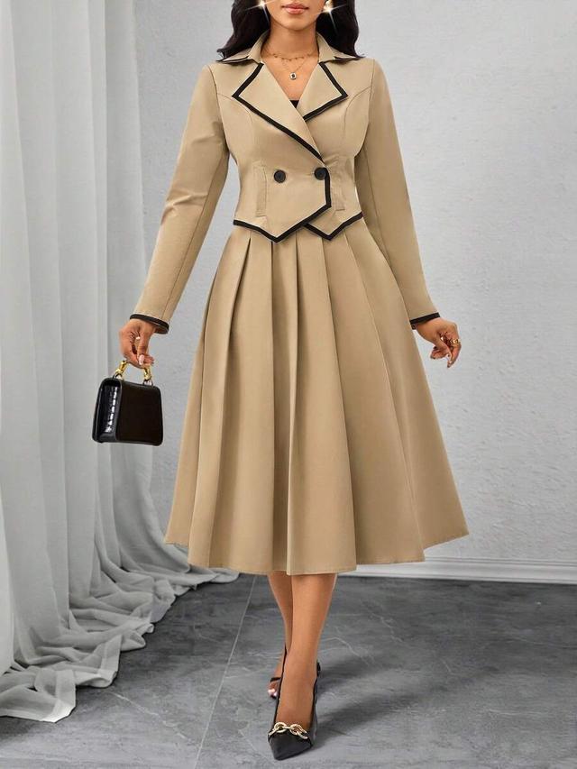 beige and black contrast trim pleated midi dress