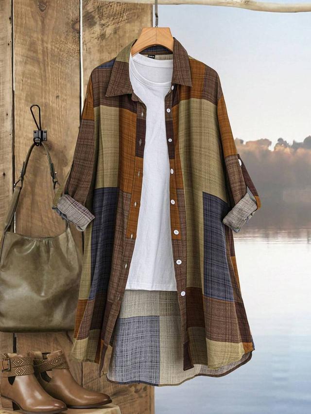 casual plaid print long sleeve button-up blouse